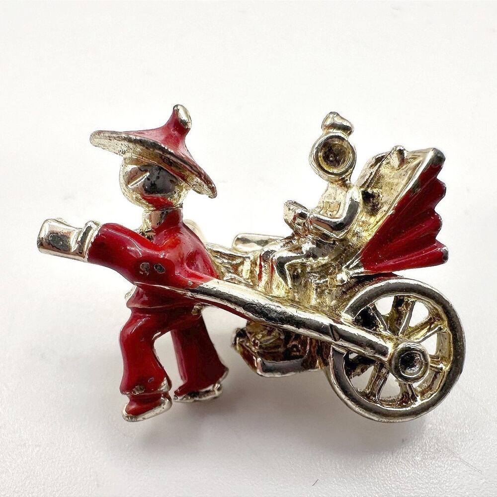 Vintage 90s Gold Tone Red Enamel Rickshaw Brooch Pin Women's Classic Jewelry Y2K